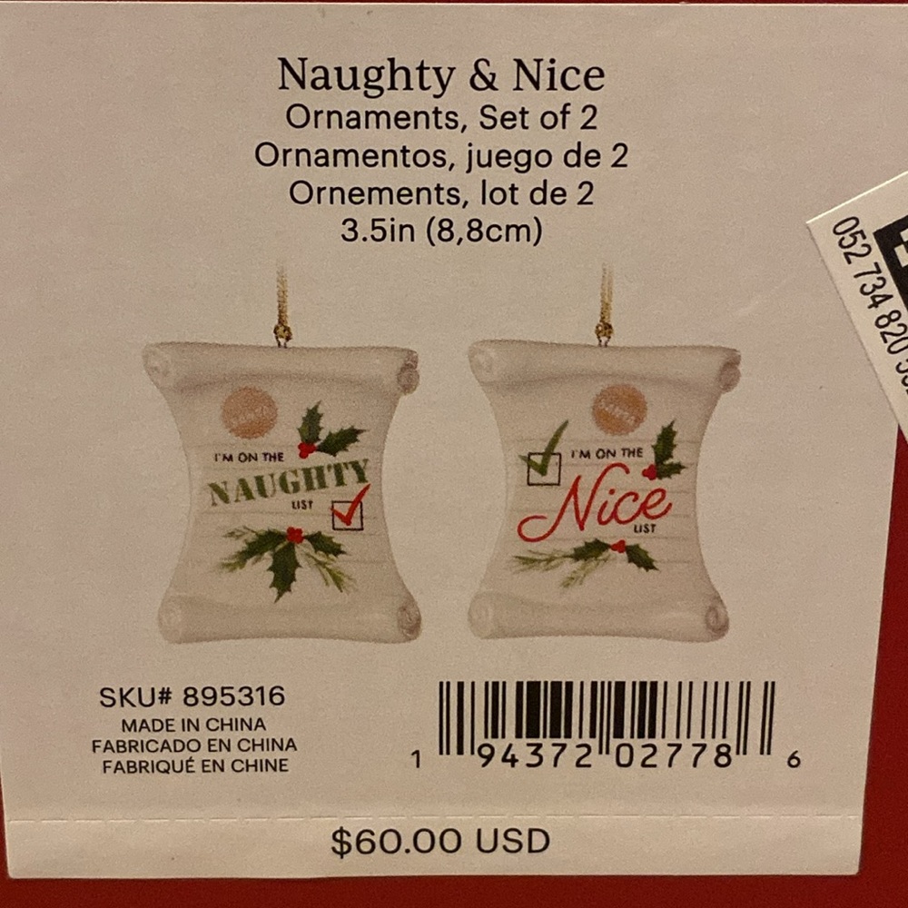❤️💚❤️NWT Lenox Naughty & Nice Set of 2 Ornaments- 3.5in (8.8cm)